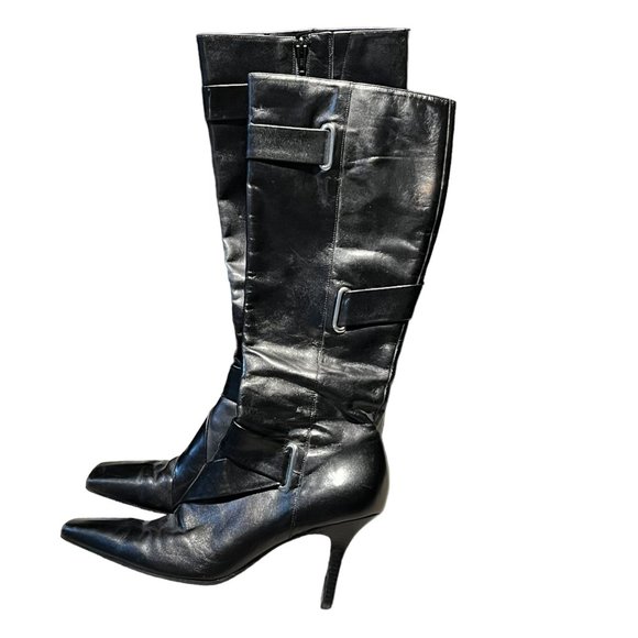 Gianni Bini Size 8 Black Leather Calf Boots Silver Accent Side Zipper - Picture 2 of 7